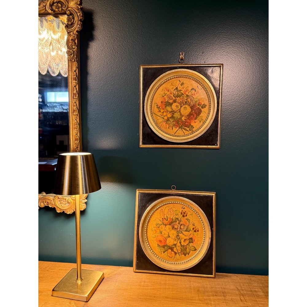 Pair‎ of Borghese Wall Plaques – Vintage Floral Prints, 9.5" Square